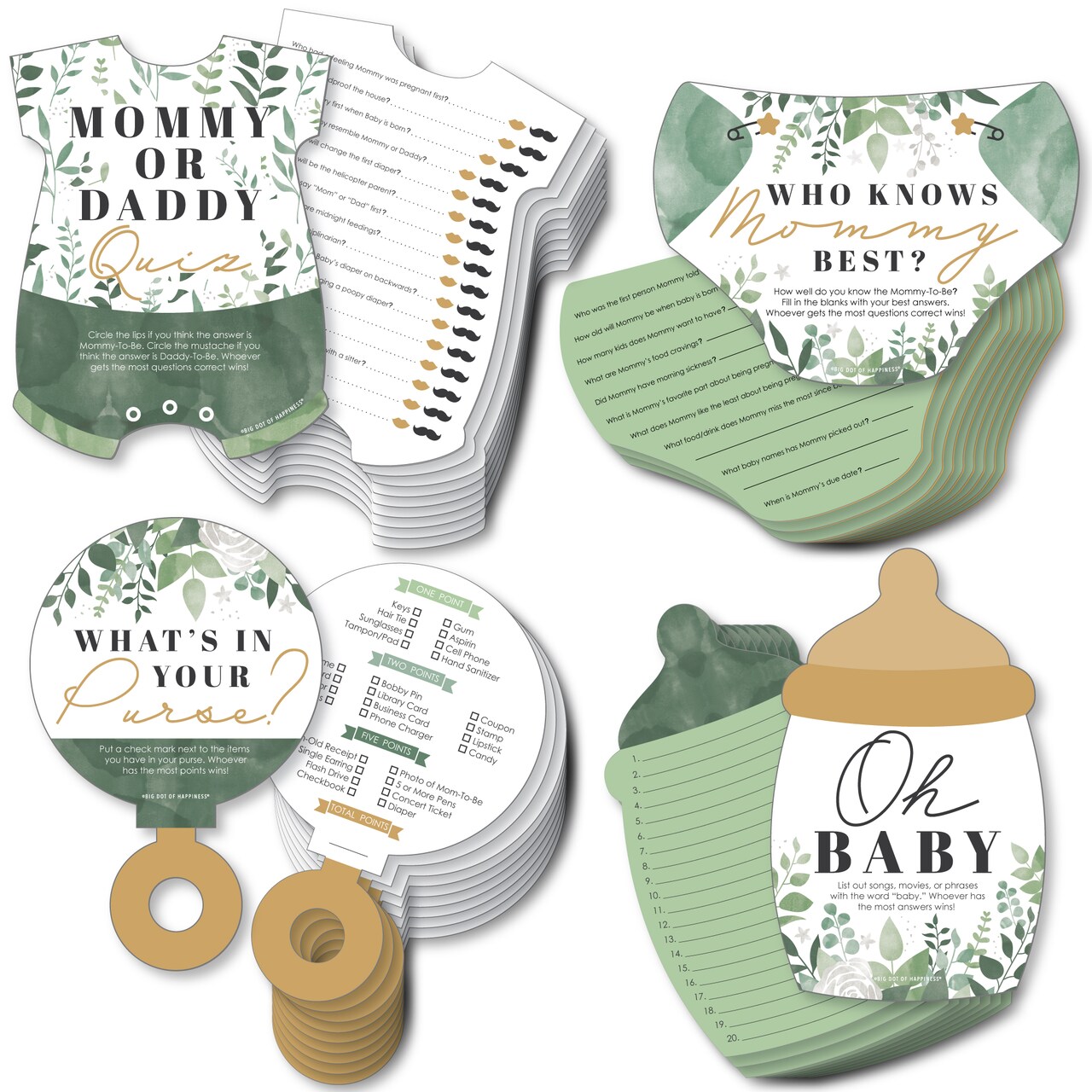 Big Dot of Happiness Boho Botanical Baby - 4 Greenery Baby Shower Games - 10 Cards Each - Gamerific Bundle